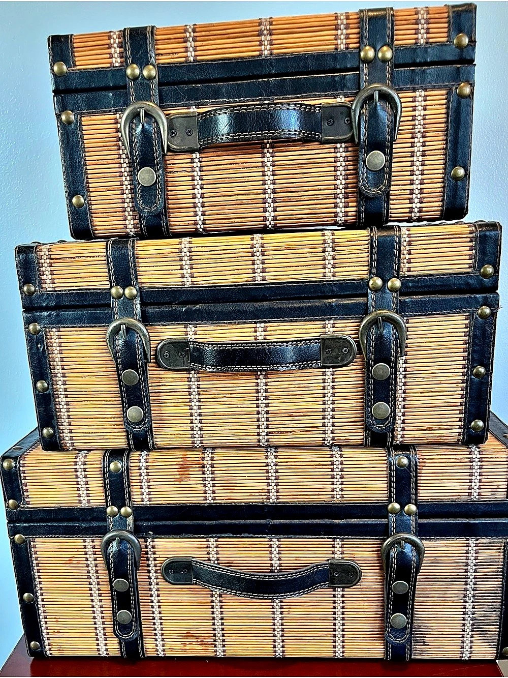 Vintage Bamboo Slat & Faux Leather Trim Nesting Storage Trunks Set of 3